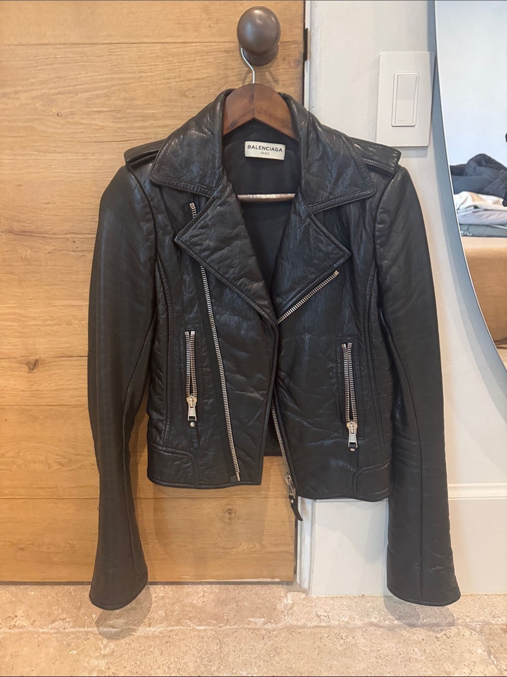 Balenciaga Black Leather Biker Jacket with Silver Zips